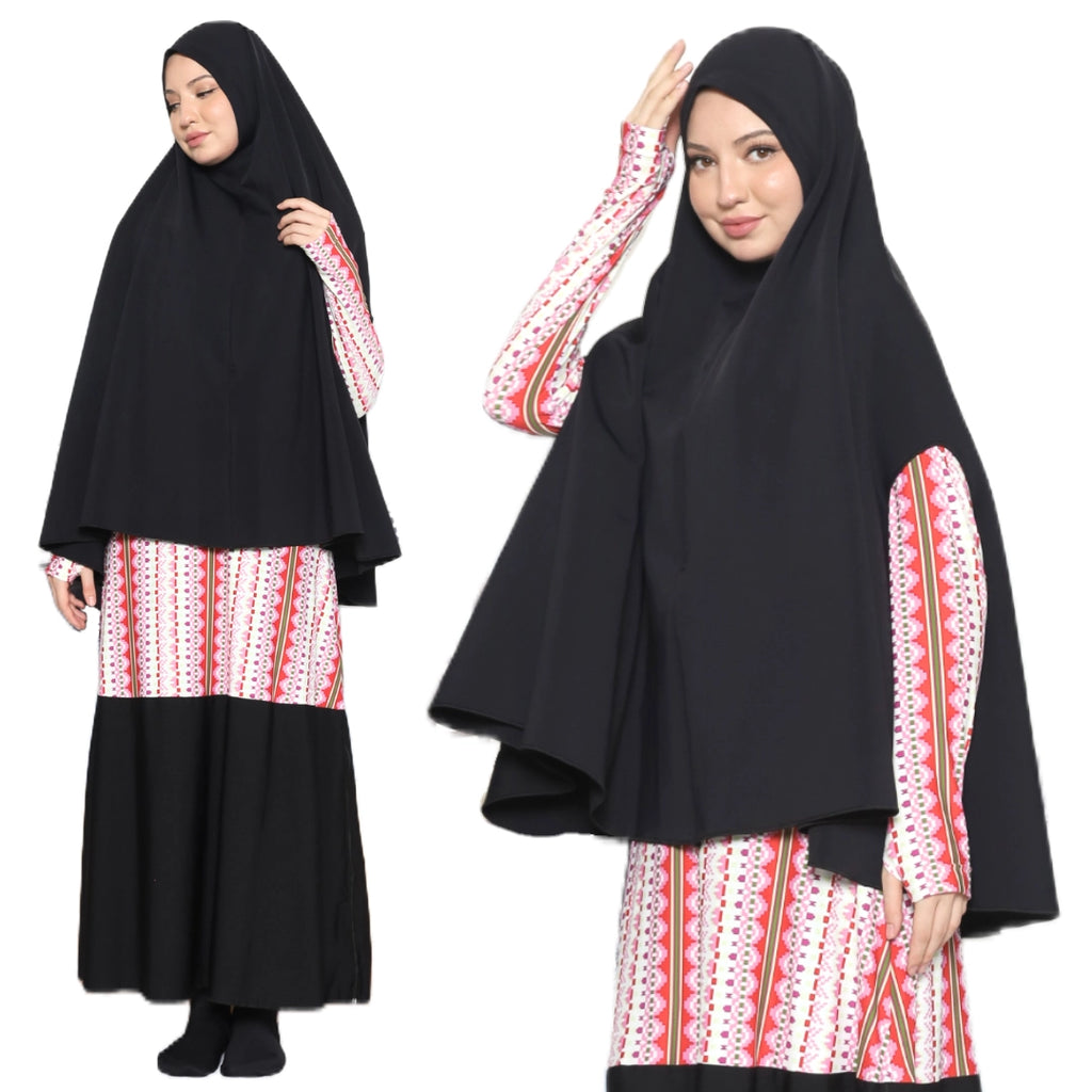 Close up details of red Layyin modest swimwear worn by a Muslim woman