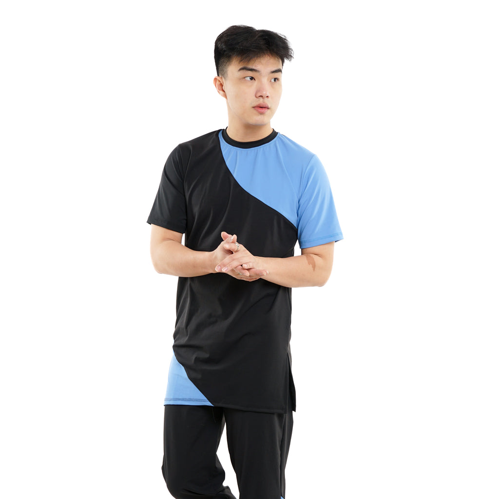 Close up details of black Layyin men’s swimwear with blue trim worn by a Muslim man