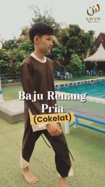 Close up details of brown Layyin men’s swimwear by a Muslim man